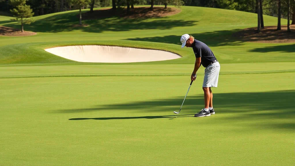Golfer chipping near green with bunker visible, precise technique and concentration, manicured grass and natural course features, afternoon shadows