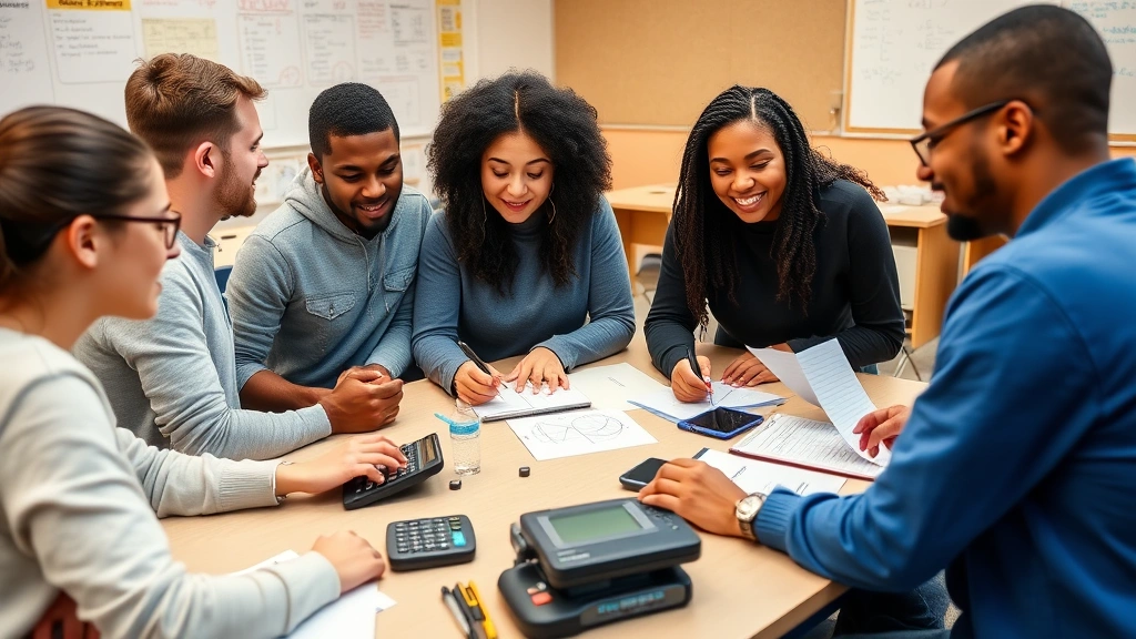 Group of diverse students collaborating around table with calculator and graphing tools, engaged in problem-solving discussion, positive interaction, classroom setting with mathematical materials