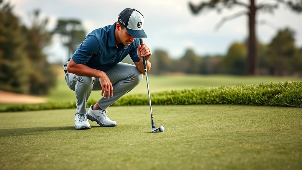 Golfer analyzing course conditions and reading green slope while crouched down on putting surface, demonstrating strategic course management assessment