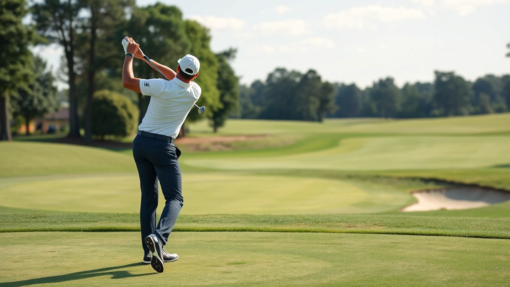 Golfer executing short pitch shot near green with bunker visible, mid-swing motion showing wrist hinge and body rotation, manicured course setting