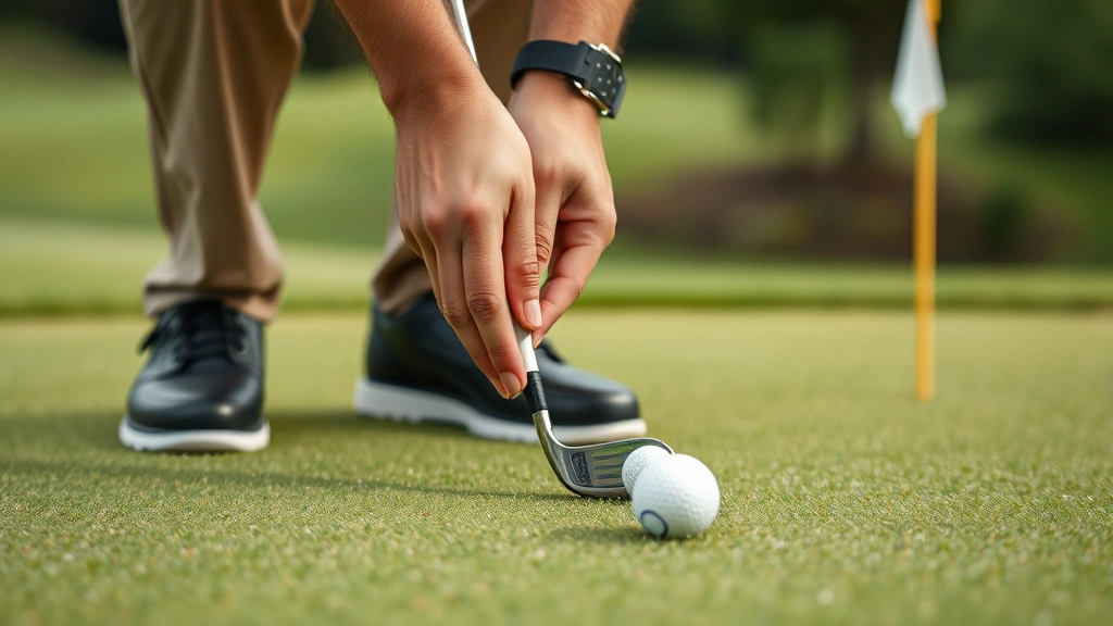 Close-up of golfer chipping near green, demonstrating short game technique with proper hand position and club angle, manicured grass and flag pin in background