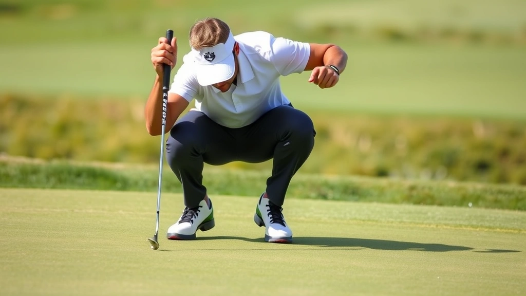 Golfer reading green while crouching, studying slope and break with focused expression, firm green surface and natural fairway surroundings, professional posture
