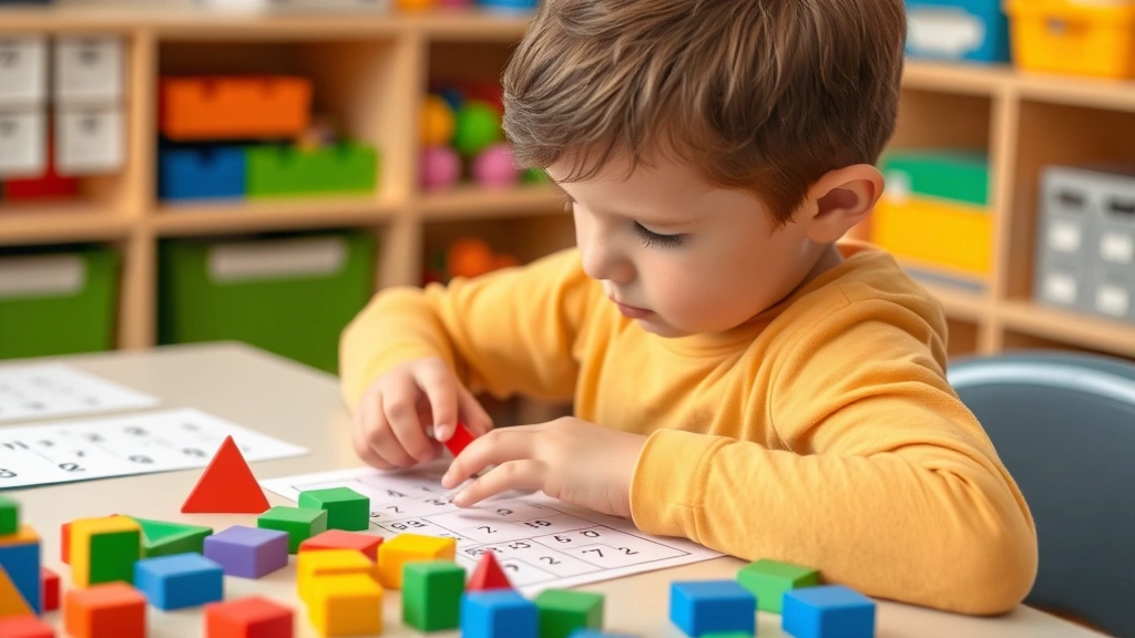 Young person working through math problems with visual aids and manipulatives, hands-on learning approach, colorful geometric shapes and number blocks, concentration and confidence evident