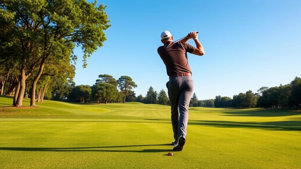 Professional golfer executing perfect tee shot on championship golf course with manicured fairway, clear blue sky, morning sunlight casting shadows