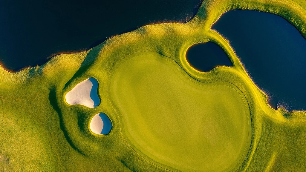 Aerial view of lush green golf fairway with strategic bunkers and water hazard reflecting blue sky, morning dew visible on grass, professional landscaping photography style