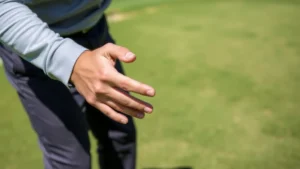 Professional golfer demonstrating proper grip and stance position on golf course, hands close-up showing finger placement, natural outdoor lighting, clear instruction moment