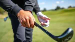 Professional golfer demonstrating proper grip technique on club, hands close-up showing finger positioning, outdoor golf range setting with green grass and clear sky