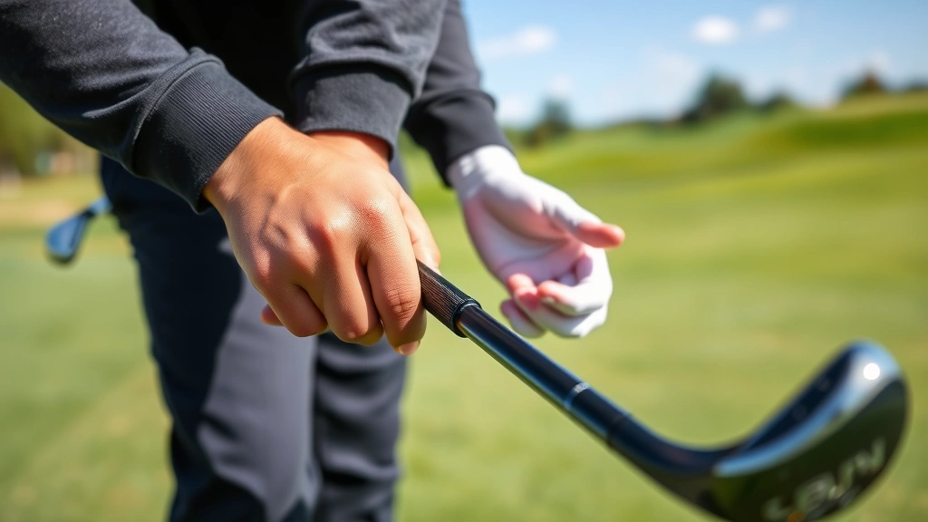 Professional golfer demonstrating proper grip technique on club, hands close-up showing finger positioning, outdoor golf range setting with green grass and clear sky