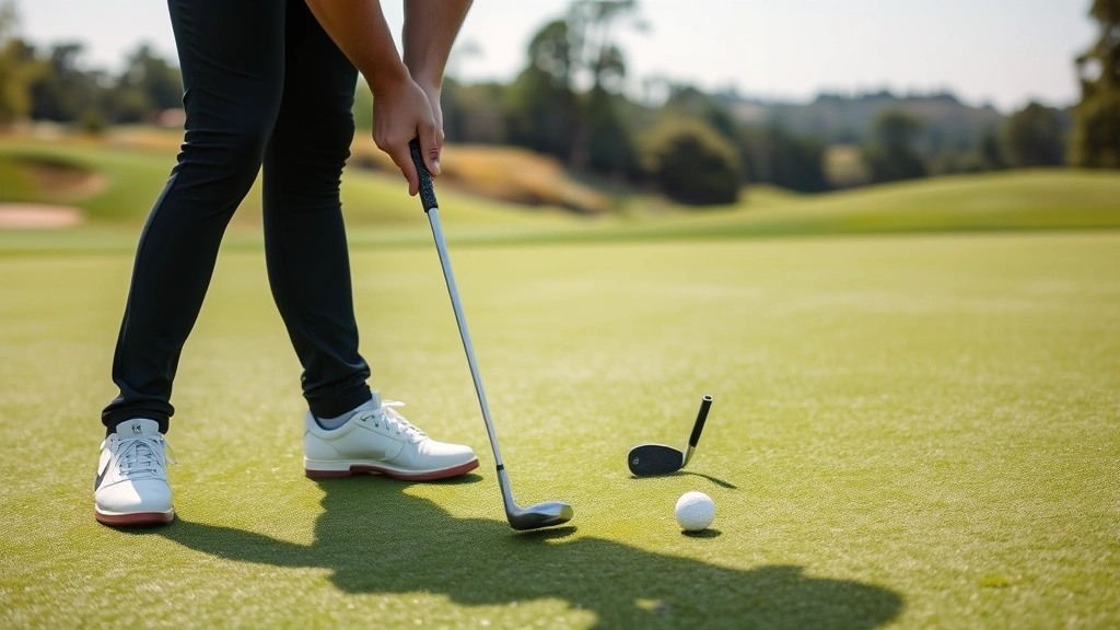 Golfer analyzing green contours with putter in hand, focused concentration, well-maintained putting surface with natural landscape background