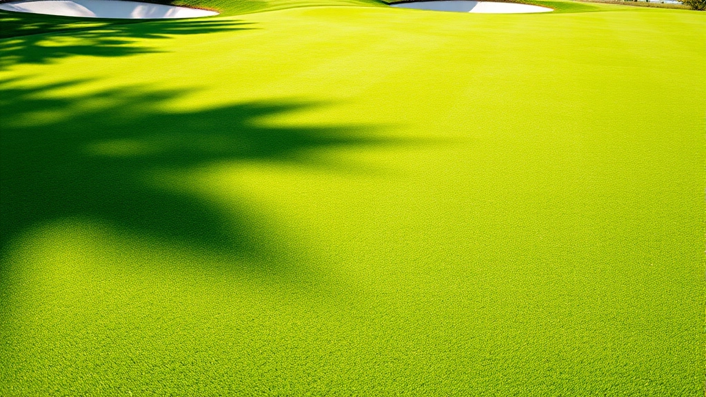 Close-up of pristine golf green with subtle elevation contours, manicured turf texture, natural shadows showing undulation, surrounded by strategic bunker placement, natural daylight
