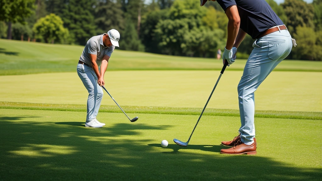 Golfer executing chip shot near green, mid-swing captured, showing proper posture and weight distribution, lush fairway background, focused concentration expression