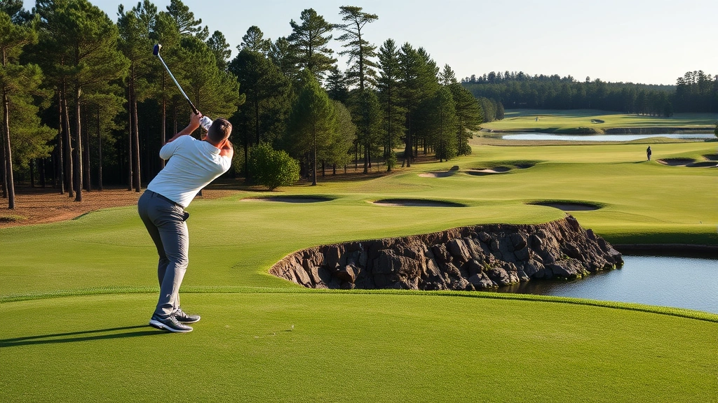Golfer hitting approach shot from fairway toward elevated green with water hazard visible, demonstrating precision and technique in professional golf setting
