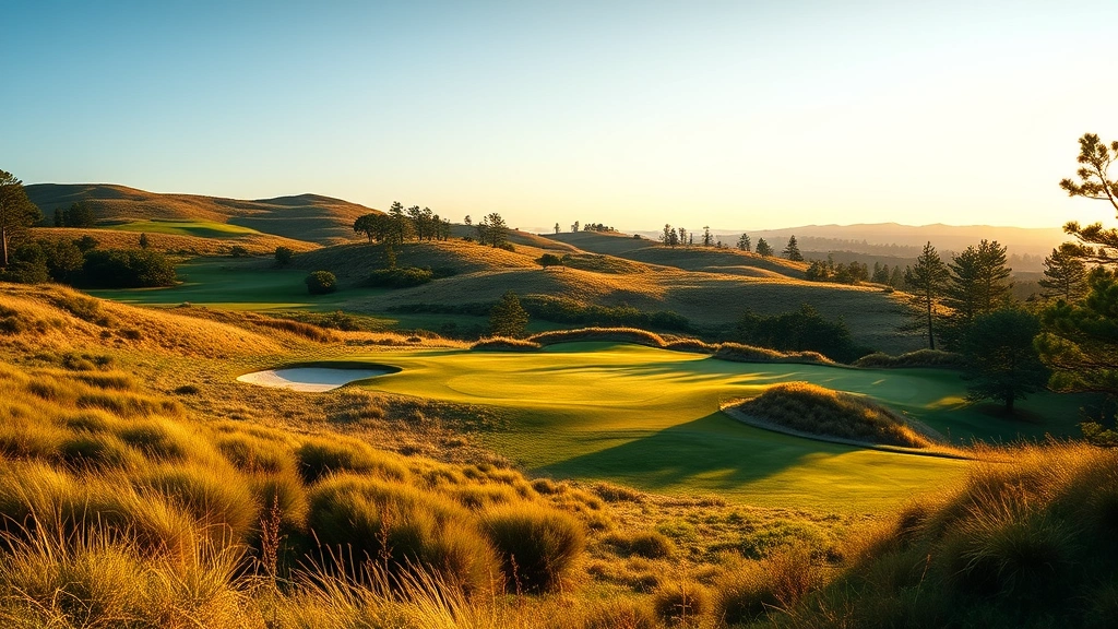 Wide landscape shot of rolling golf course hole with elevation changes, fairway routing through natural terrain, native grasses and trees framing hole, golden hour lighting