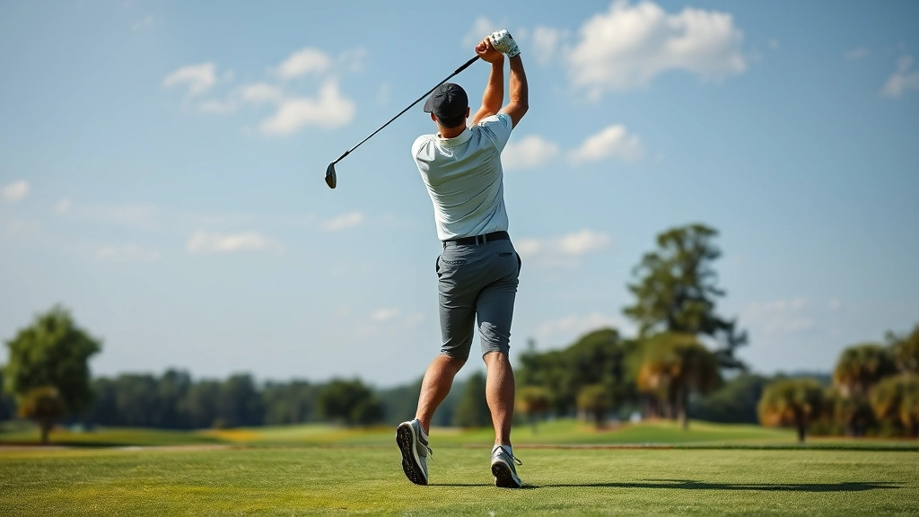 Golfer completing follow-through with balanced finish position, body facing target, weight shifted forward, arms extended upward in controlled position on golf course fairway