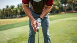 Professional golfer demonstrating proper grip and stance fundamentals at golf range, close-up showing hand positioning and body alignment