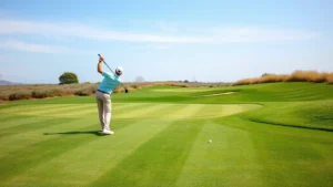 Professional golfer mid-swing on lush fairway with manicured bentgrass greens, blue sky, natural landscape background, nobody else visible, photorealistic daylight