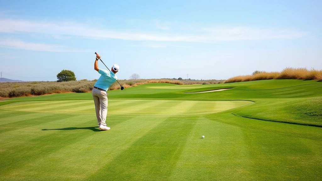 Professional golfer mid-swing on lush fairway with manicured bentgrass greens, blue sky, natural landscape background, nobody else visible, photorealistic daylight