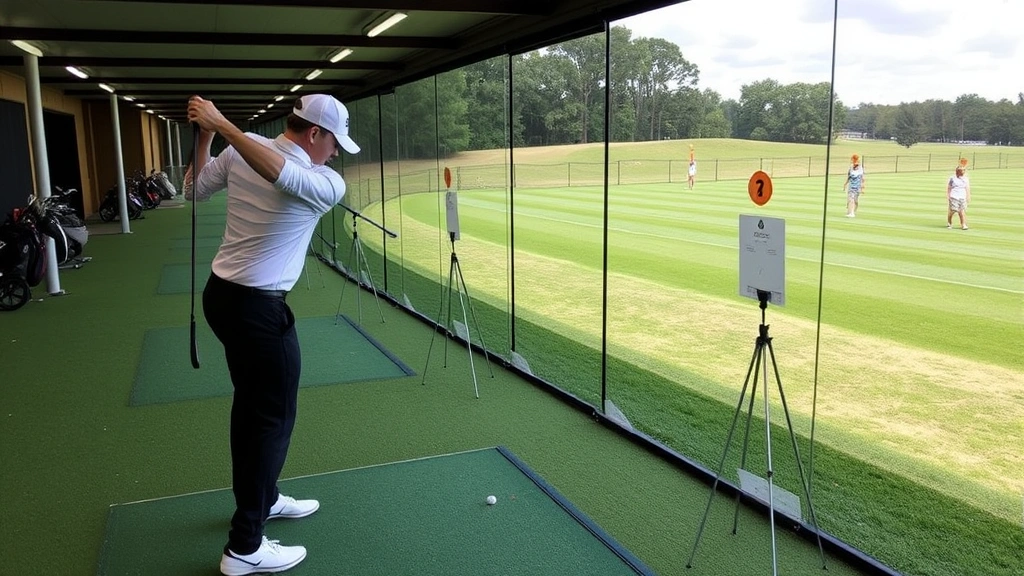 Golfer practicing at driving range with multiple clubs, focusing on deliberate practice drills with target markers and distance tracking