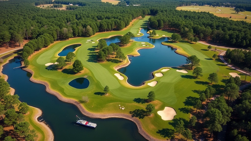 Elevated view of scenic 18-hole championship golf course layout with water features, sand bunkers, tree-lined fairways, natural Georgia terrain, aerial perspective, no people