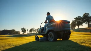 Professional groundskeeper operating advanced riding mower on manicured fairway at sunrise, with pristine green visible in background, morning dew on grass, clear blue sky
