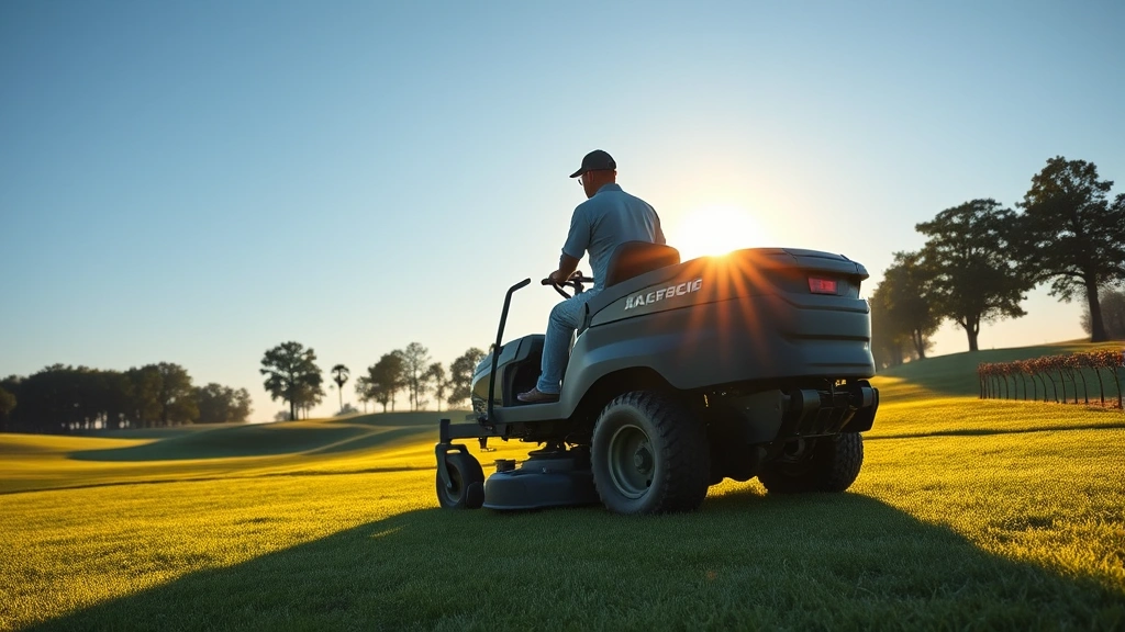 Professional groundskeeper operating advanced riding mower on manicured fairway at sunrise, with pristine green visible in background, morning dew on grass, clear blue sky