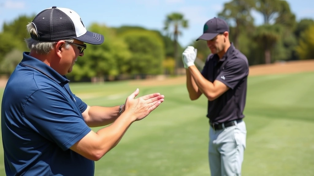 Professional golf instructor demonstrating proper grip and stance with student on practice range, showing correct hand positioning and body alignment, natural daylight, focused learning moment