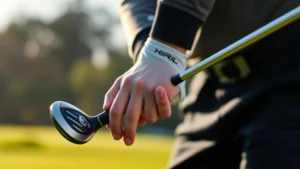 Professional golfer demonstrating proper grip on golf club in natural outdoor setting, close-up hand positioning, morning sunlight, realistic photography, no text