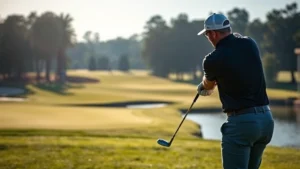 Professional golfer executing tee shot on beautiful golf course with water hazard visible, morning sunlight, focused concentration, well-maintained fairway and trees in background