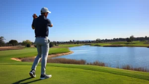 Professional golfer standing on tee box overlooking water hazard, analyzing shot with focused expression, morning sunlight on fairway, realistic photography