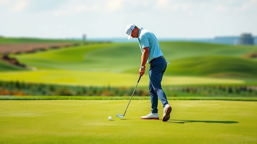 Golfer in correct stance and posture addressing the ball on fairway, full body view, proper alignment, green course landscape background, natural lighting