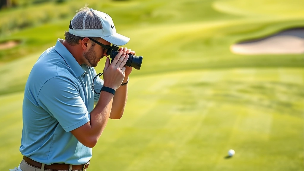 Golfer studying green with rangefinder, analyzing slope and break on putting surface, professional attire, natural outdoor lighting, manicured green with sand bunker visible