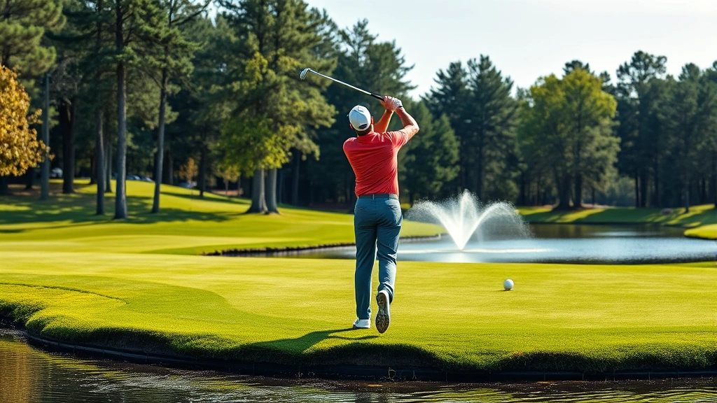 Golfer mid-swing over water feature with lush green fairway, concentration visible, natural outdoor lighting, photorealistic sports scene