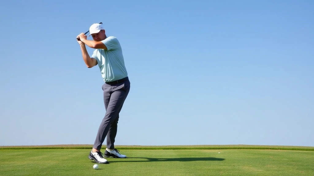 Golfer in athletic stance at address position showing proper posture, knee bend, and weight distribution on practice range with green grass and blue sky