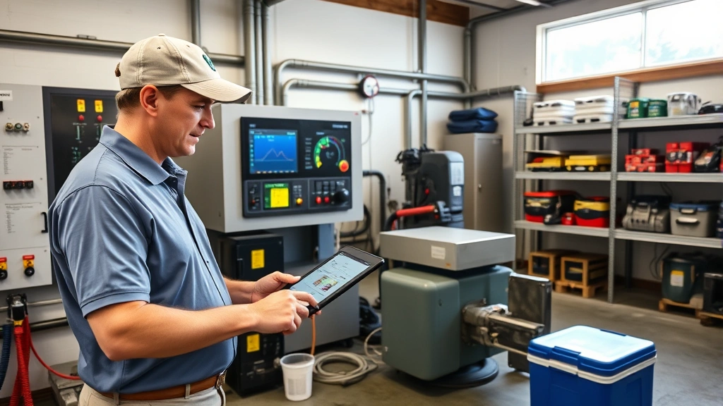 Golf course superintendent reviewing irrigation system controls and monitoring equipment in modern maintenance facility, checking data on tablet, organized equipment storage visible