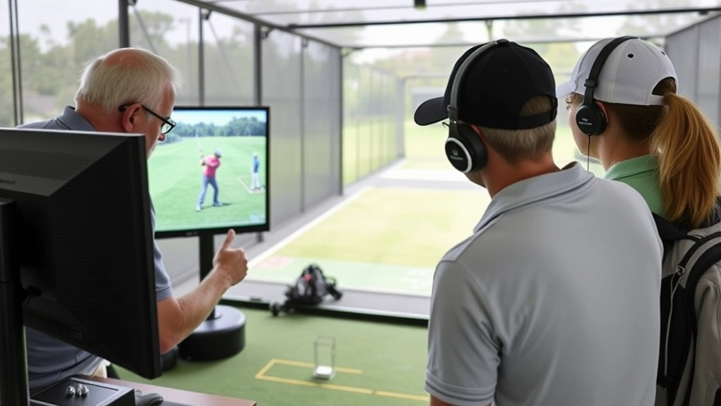 Coach analyzing student's golf swing using video technology, both looking at monitor screen, practice facility setting with golf balls and training aids visible, collaborative learning environment