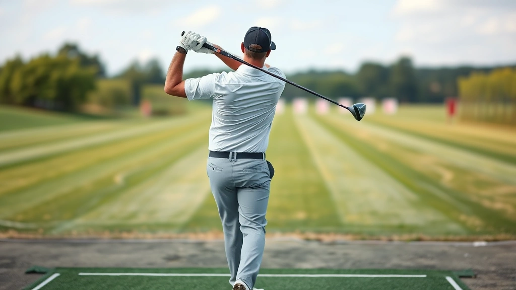 Golfer following through on full swing on practice range, dynamic motion capture, athletic form, well-maintained driving range with distance markers blurred in background