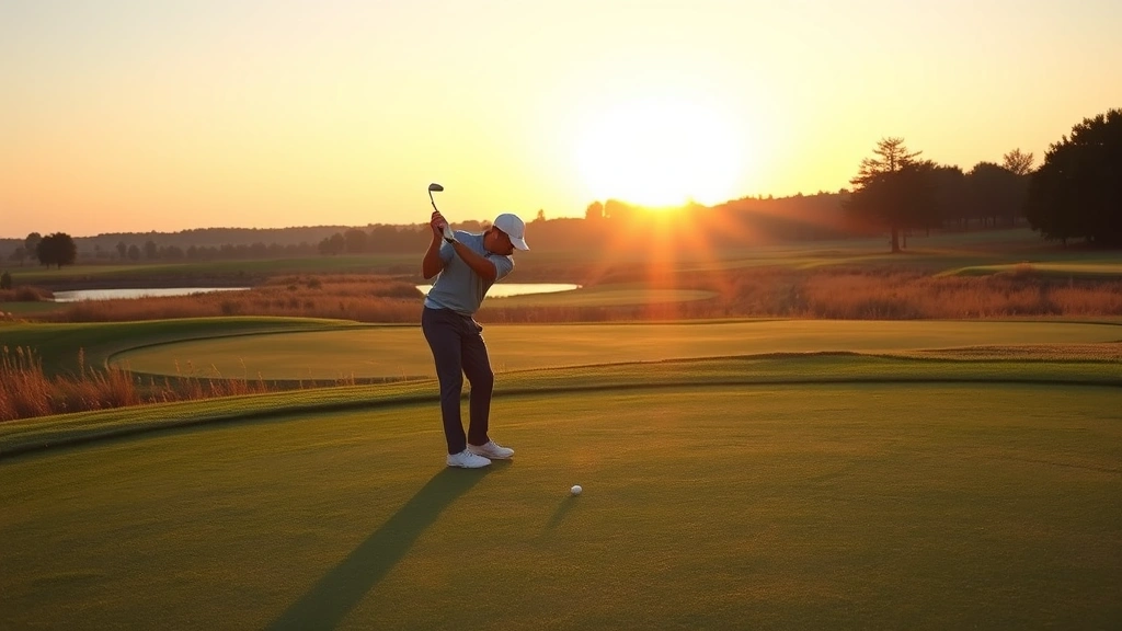 Golfer practicing chip shot near green during golden hour, demonstrating proper technique and form, peaceful course environment, natural landscape with water feature in distance