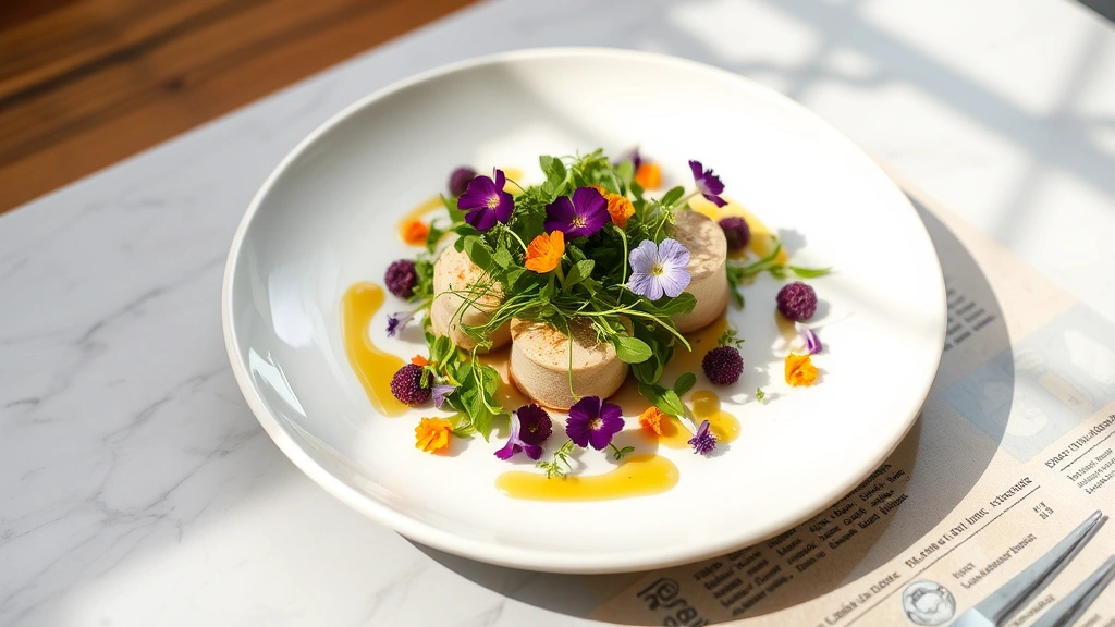 Elegant plated appetizer with microgreens and edible flowers on white ceramic plate, restaurant-style presentation, natural lighting from above