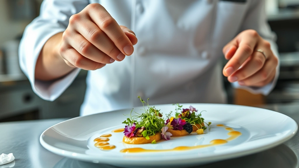 Professional chef in white chef coat carefully arranging microgreens and edible flowers on an elegantly plated appetizer with sauce drops, bright kitchen lighting, close-up detail shot
