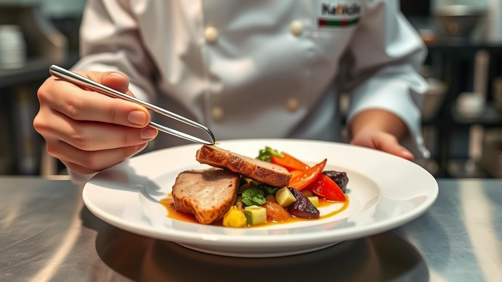 Chef plating main course with tweezers, carefully arranging protein and vegetables on warm plate, professional kitchen environment, focused concentration
