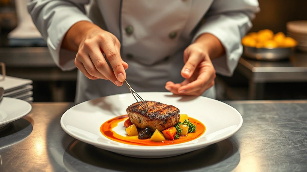 Chef's hands plating a perfectly seared protein with roasted vegetables and sauce on a white plate in a professional kitchen, warm overhead lighting highlighting the composition