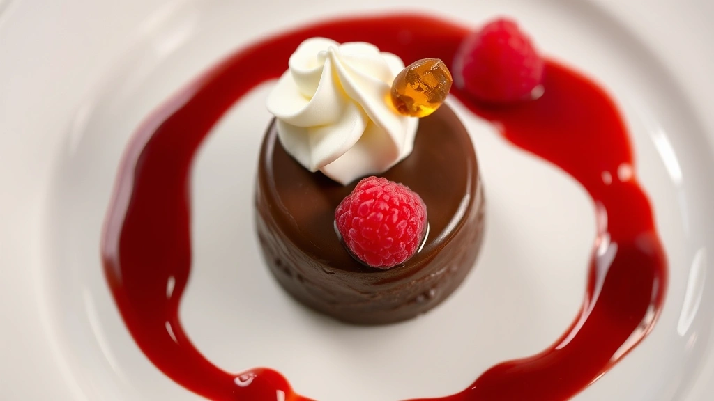 Beautifully presented chocolate dessert with raspberry coulis, whipped cream garnish, and candied elements on fine dining plate, elegant presentation