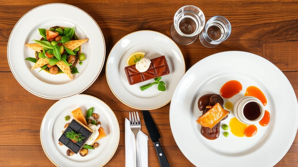 Overhead view of a fully plated three course meal progression displayed on a wooden table with proper spacing, showing appetizer, main course, and dessert plates with refined presentations