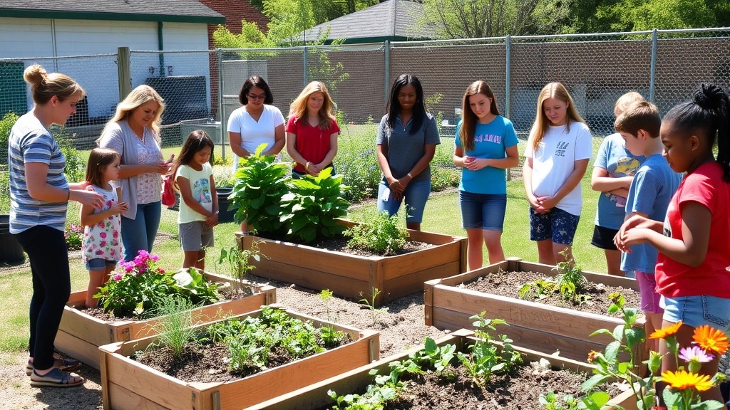 A diverse group of educators and students engaged in outdoor classroom activities around a thriving school garden with raised beds, composting stations, and flowering plants, photographed on a bright sunny day with natural lighting, showing genuine engagement and learning interactions