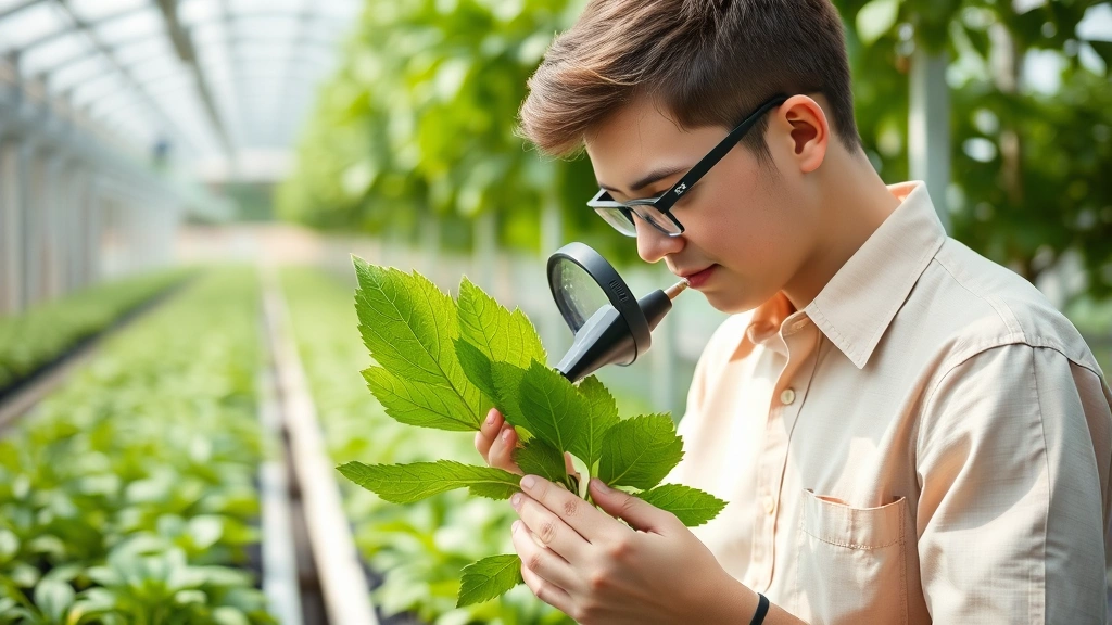 A student examining plant leaf structure under a magnifying glass in a bright greenhouse environment with rows of healthy plants visible in soft background light