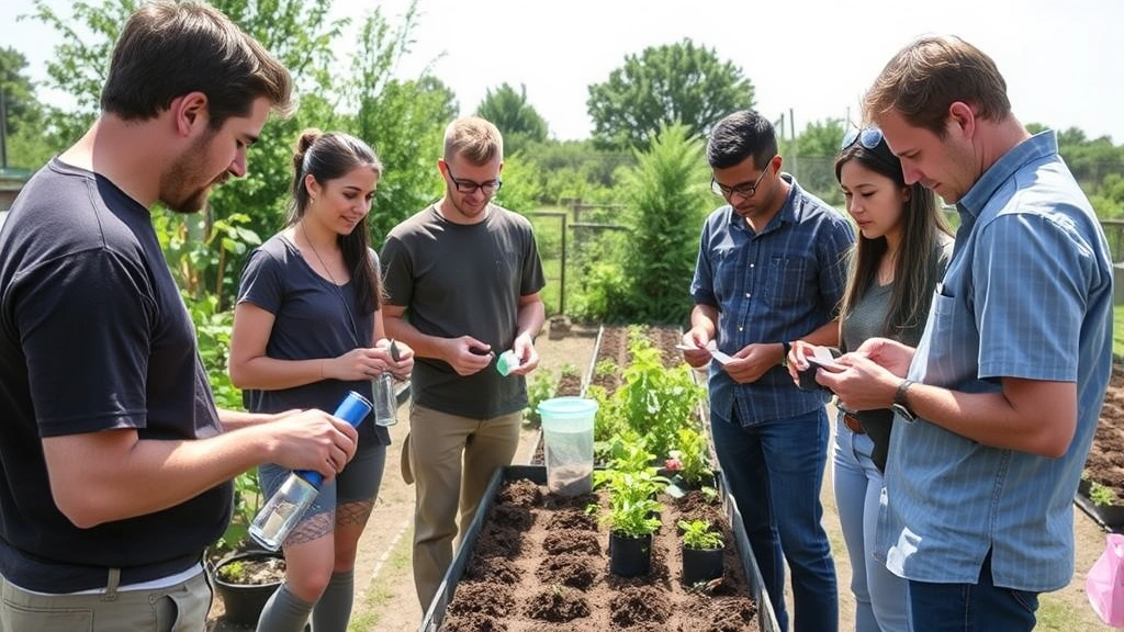 An instructor and diverse group of students conducting soil analysis outdoors in a garden setting, holding soil samples and testing equipment, natural daylight