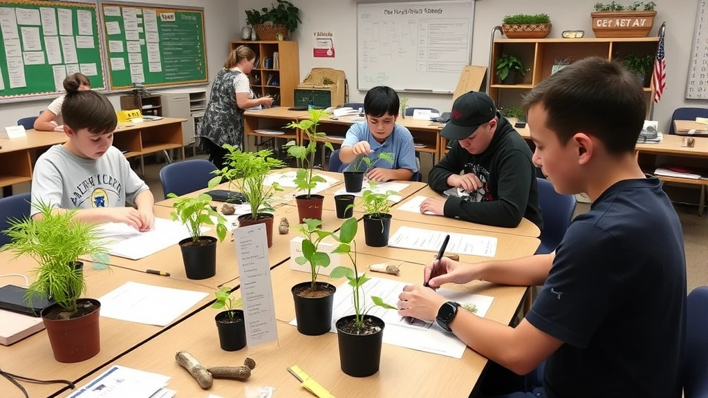 An indoor classroom setup with students working with potted plants, growth charts, and botanical specimens on tables, demonstrating integrated STEM learning with plant science materials, measurement tools, and documentation of plant development over time