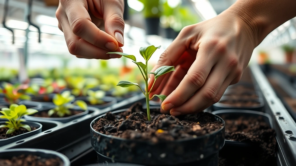 A close-up of hands carefully transplanting a seedling into nutrient-rich soil in a greenhouse pot, with blurred plant specimens and grow lights in the background