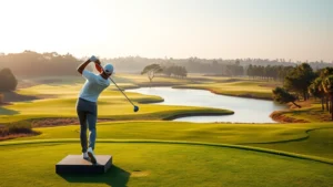 Golfer mid-swing on elevated tee box overlooking water hazard and fairway, professional form captured mid-follow-through, morning light, lush green course landscape