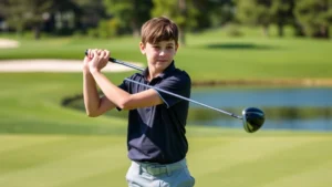 Young student mid-swing on beautiful golf course with water hazard visible, concentration on face, natural sunlight, manicured fairway with trees in background, peaceful learning environment